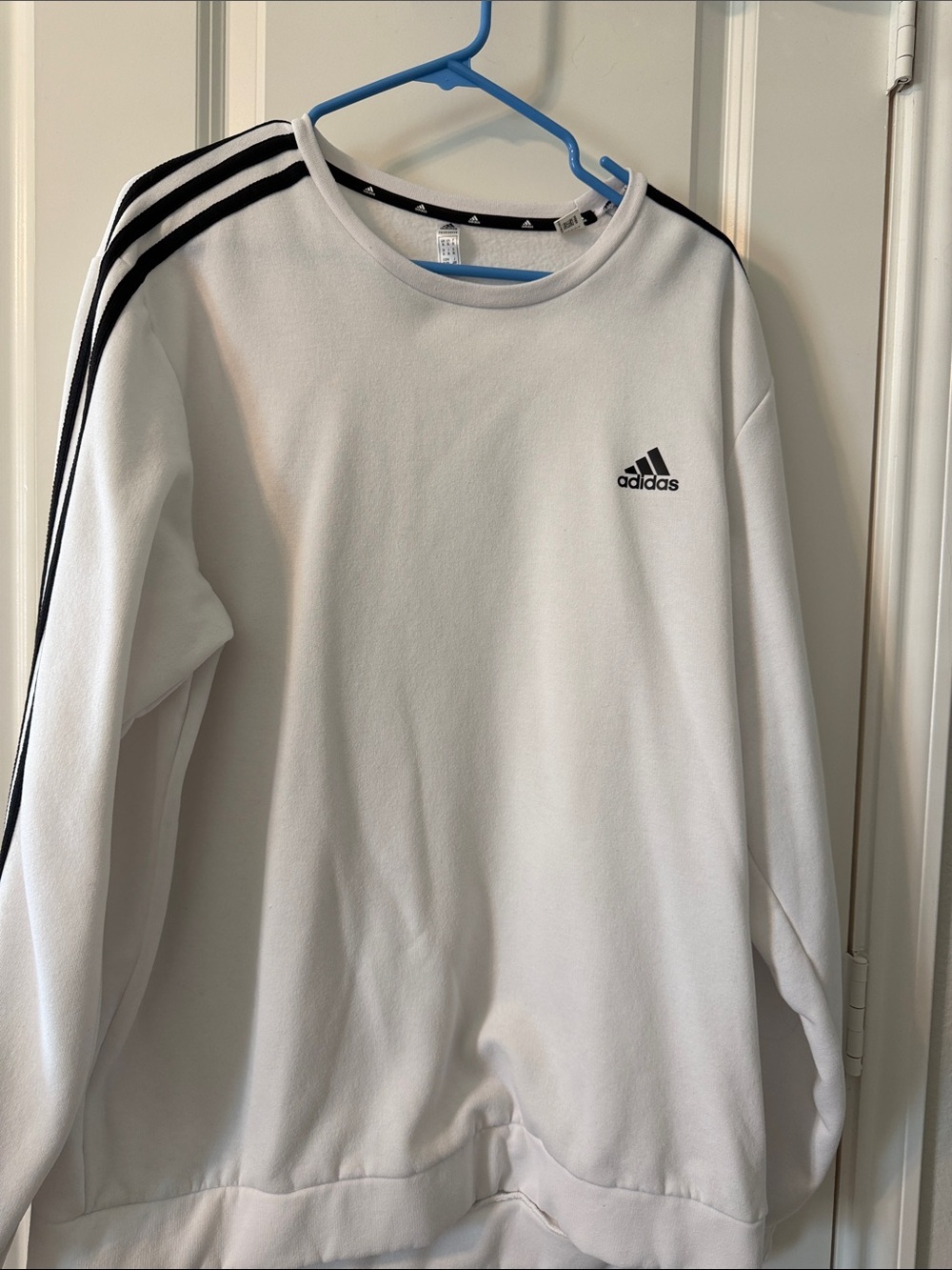 adidas Men’s White Crewneck Sweater with Black Shoulder Stripes